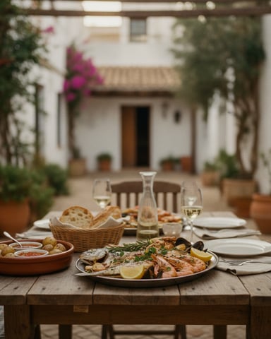 Outdoor dining table set with seafood, bread, and wine in a Mediterranean courtyard with white buildings and flowering vines.