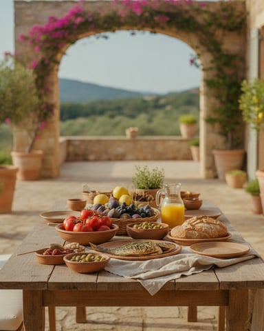 Outdoor terrace with wooden table displaying Mediterranean food, stone archway with magenta bougainvillea, and rolling hills beyond.