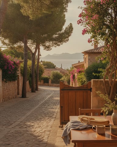 Tuscan village street with stone buildings, pink bougainvillea, tall pine trees, and sea view in distance
