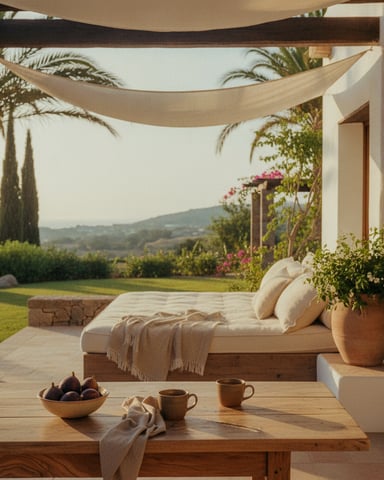 Mediterranean terrace with wooden table, daybed under sail shade, valley and cypress trees beyond