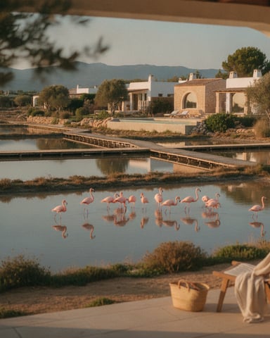 Flamingos wading in shallow water with Mediterranean-style villa, wooden bridge, and mountains beyond