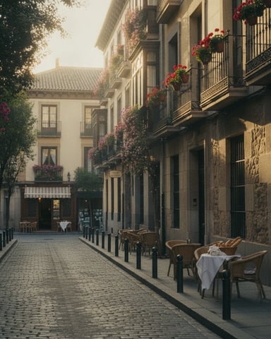 Narrow European street with stone buildings, red flowering vines, outdoor café seating, and ivy-covered walls
