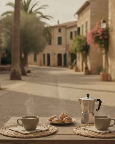 Outdoor table with coffee cups, pastries, and moka pot overlooking Mediterranean courtyard with terracotta buildings and flowering vines