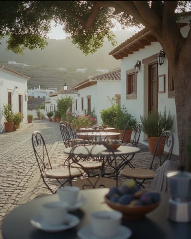 Courtyard with wrought-iron tables and chairs under large tree, white-walled colonial buildings, terracotta pots, misty mountains beyond
