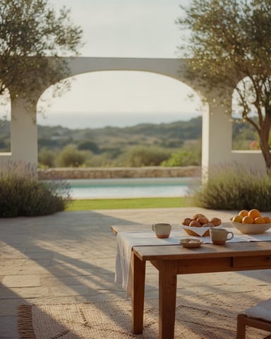 Patio with wooden table, food and drinks, framed by white archway overlooking pool and rolling hills