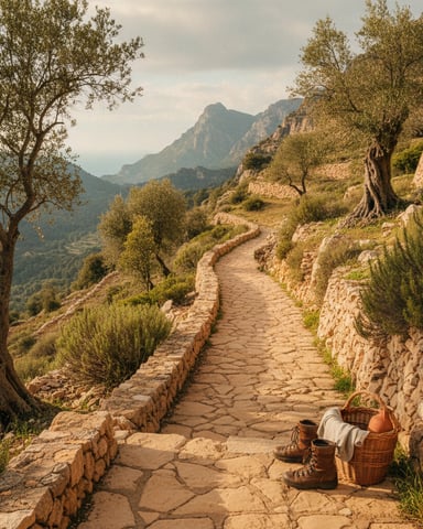 Stone pathway with hiking boots and picnic basket overlooking terraced olive groves and mountain valley