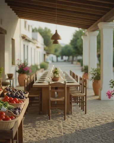 Covered courtyard with long wooden dining table, fresh produce in baskets, potted flowers, white columns, and Mediterranean-style architecture.