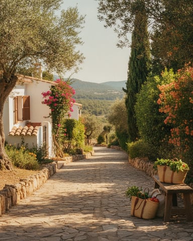 Stone pathway lined with cypress trees and flowering vines leading to white villa with mountain valley view
