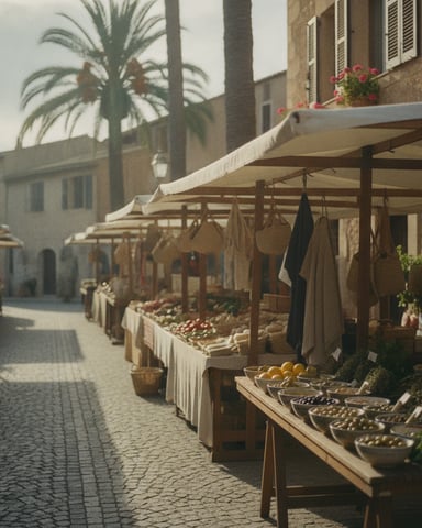 Mediterranean courtyard with produce market stalls, palm trees, stone buildings, and red flowering planters