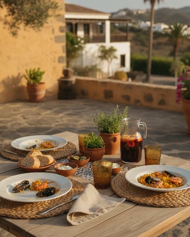 Outdoor terrace dining setup with paella and seafood dishes, potted herbs, and sangria pitcher overlooking Mediterranean-style villa and hillside.