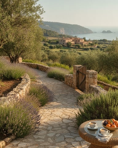 Stone pathway through lavender and olive trees with coastal villa view and Mediterranean sea beyond