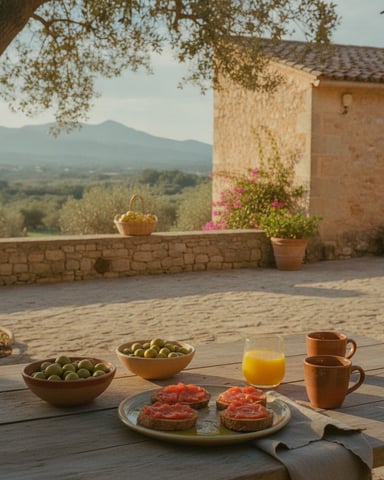 Outdoor terrace with breakfast spread overlooking mountains, stone villa with pink flowers, olive trees and countryside landscape