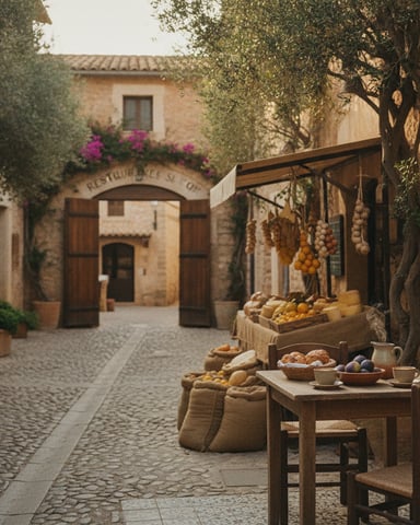 Rustic Mediterranean courtyard with stone buildings, produce market stall, and outdoor dining table under olive tree