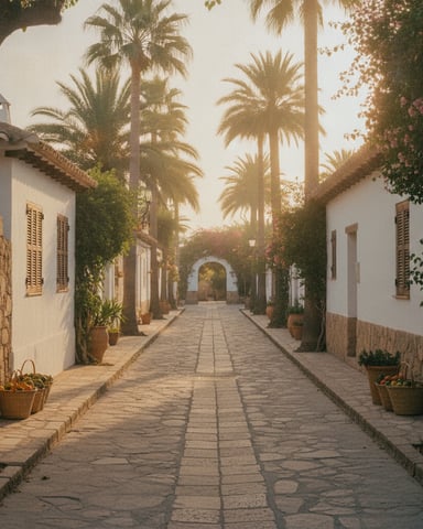 Narrow paved alley lined with white-walled colonial buildings, ivy-covered walls, potted plants, and tall palm trees at sunset