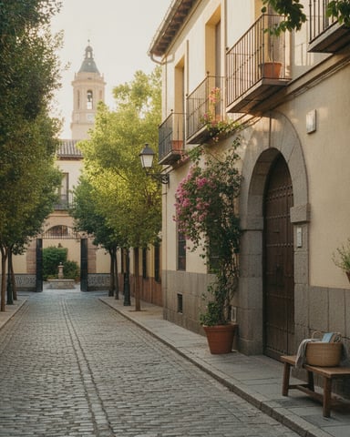 Narrow cobblestone street lined with cream-colored buildings, flowering vines, and wrought-iron balconies, church tower visible in distance