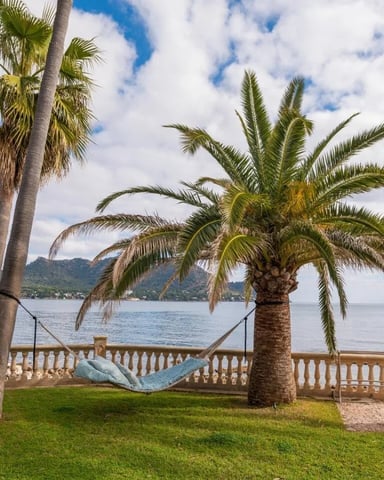 Beachfront lawn with palm trees, hammock, stone balustrade, and bay view with forested hills