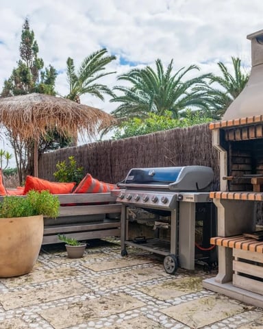 Beachfront patio with gas grill, brick fireplace, lounge seating with red cushions, and palm trees overlooking the ocean